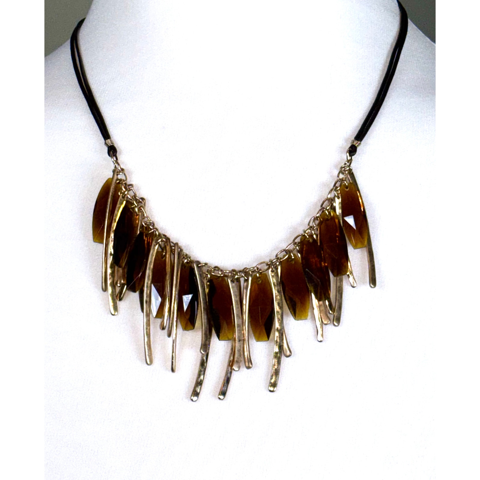 Robert Lee Morris Gold Plated Bars Dark Amber Beaded Dangle Necklace